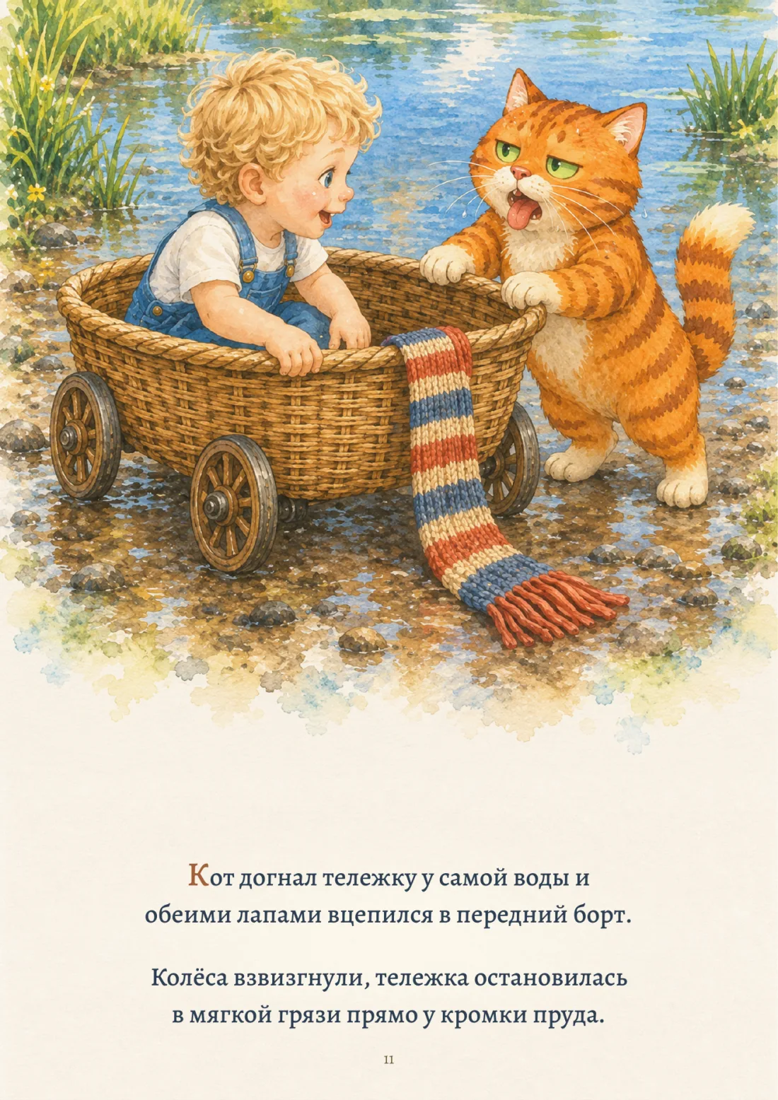 У пруда кот держится за передний борт остановившейся тележки