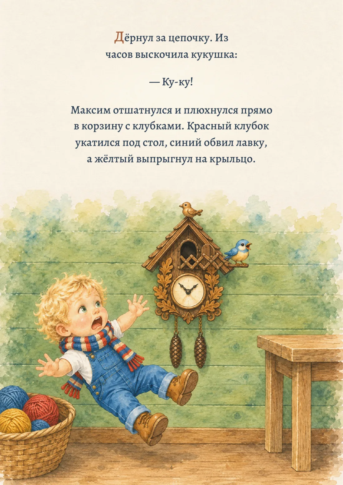 Из часов выскочила кукушка, ребёнок отшатнулся к корзине с клубками