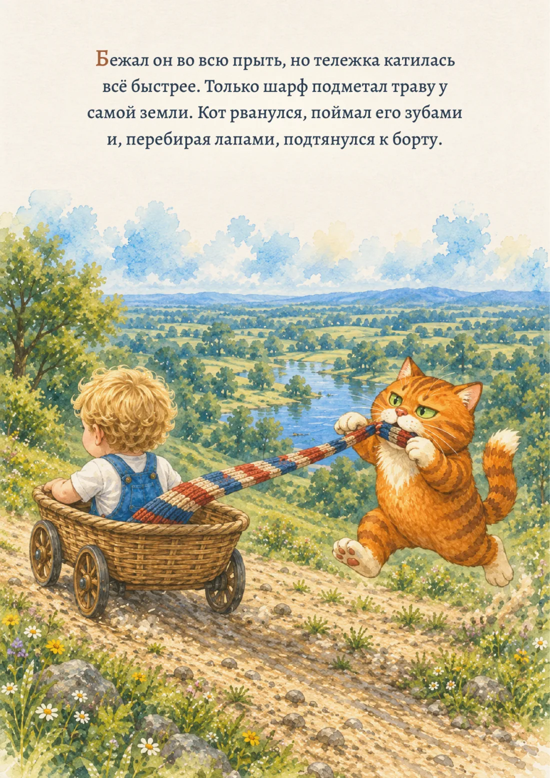 Кот в прыжке ловит зубами конец шарфа, тянущегося от тележки